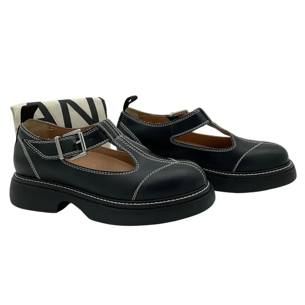 Ganni Sleek Black White Everyday Buckle Mary Jane Shoes Size EU 38 / US 8 - Picture 3 of 6